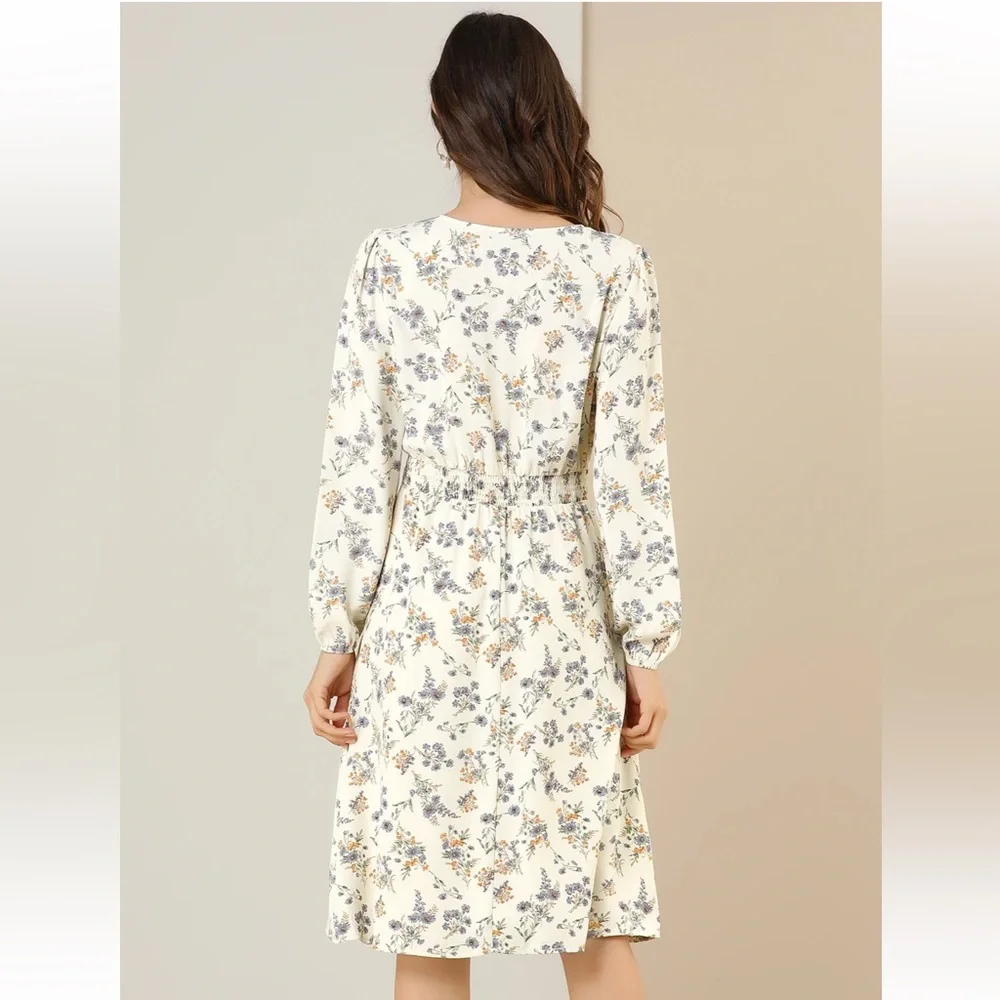 Floral Print V-Neck Long Sleeve Smocked Waist Midi Dress - Picture 2 of 9